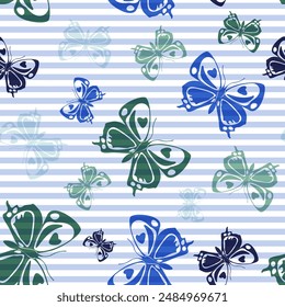 Siluetas de mariposa de primavera voladora sobre un patrón sin costuras de Vector de fondo a rayas. Diseño de estampado textil Antiguas. Líneas y siluetas de insectos de jardín de mariposas con diseño sin fisuras.