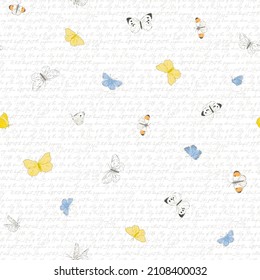 Flying spring garden butterflies on calligraphic background hand drawn vector seamless pattern. Vintage Romantic delicate background. Liberty inspired retro floral print for Easter season design