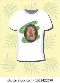 Flying squirrel print design on t shirt illustration with tropic leaves on colored background. Stock vector hand drawn illustration. Isolated white shirt with modern design print illustration.