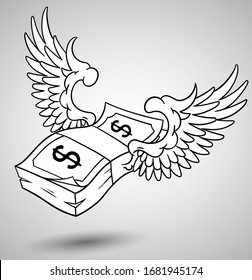 Flying stack of dollar banknotes, winged american currency, hand drawn vector outline illustration