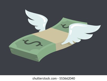 Flying stack of dollar banknotes, winged american currency in flat vector cartoon style