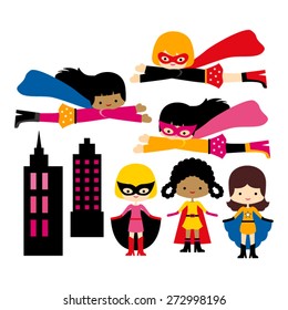 Flying and standing superhero girls. Cute vector.