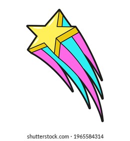 Flying star cartoon icon. Space yellow element with fluttering multicolored tail. Magic, fairytaile world element. Astronomical object. Vector illustration isolated on white background.