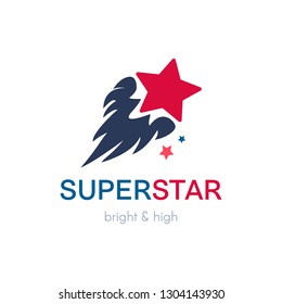 Flying star simple vector logo concept. Flat color comet company icon design with lettering