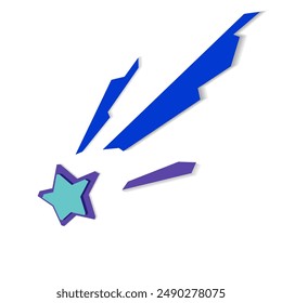 Flying star and its trace. Blue, turquoise, purple colors. Handmade. Rough cut, cut with scissors. Make a wish. Lessons for children