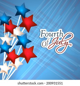 Flying stars in American National Flag colors on blue abstract background for Independence Day celebrations. 