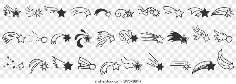 Flying stars and comet doodle set. Collection of hand drawn various stars and comet in motion in sky in different styles in rows isolated on transparent background 