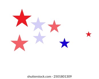  Flying stars confetti american symbols. Independence day holiday abstraction.  backdrop Vector Illustration, Blue and Red 4th of July Stars sparkles isolated on white.