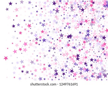 Flying stars confetti holiday vector in pink violet purple on white. New year festive sparkles design. Party stars pattern graphic design. Abstract starburst modern confetti.