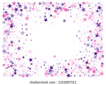 Flying stars confetti holiday vector in pink violet purple on white. Magical starry bright card decoration. Trendy stars explosion background. Surprise party decoration.