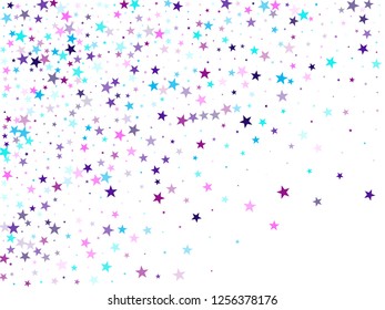 Flying stars confetti holiday vector in cyan blue violet on white. Geometric starlight banner. Party stars pattern graphic design. Fireworks elements confetti.