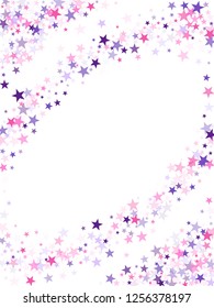 Flying stars confetti holiday vector in pink violet purple on white. Twinkle starburst astral wallpaper. Cool flying stars scatter background. New year festive sparkles design.