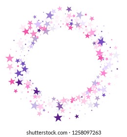 Flying stars confetti holiday vector in pink violet purple on white. Abstract starburst modern confetti. Cute cartoon stars holiday vector. Chaotic holiday decor backdrop.