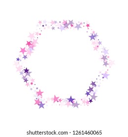 Flying stars confetti holiday vector in pink violet purple on white. Fireworks sparkles festival symbols. Cool flying stars scatter background. Twinkle starburst astral wallpaper.