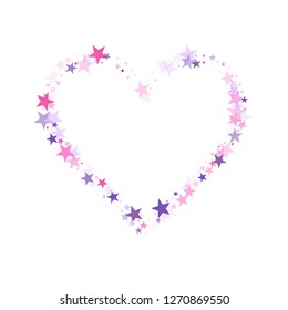 Flying stars confetti holiday vector in pink violet purple on white. Christmas banner decoration. Cute cartoon stars holiday vector. Cosmic sparkles stylish design.