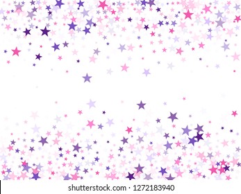 Flying stars confetti holiday vector in pink violet purple on white. Magic sparkles decorative print. Trendy stars explosion background. Christmas banner decoration.