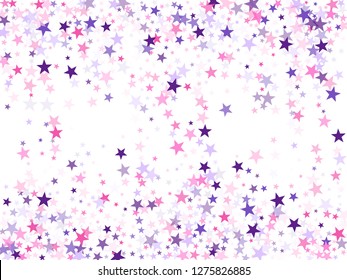 Flying stars confetti holiday vector in pink violet purple on white. Fairytale magic card backdrop. Cute cartoon stars holiday vector. Fireworks elements confetti.