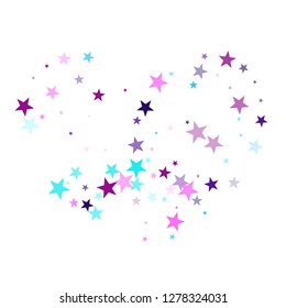 Flying stars confetti holiday vector in cyan blue violet on white. Abstract starburst modern confetti. Trendy stars explosion background. Fairytale magic card backdrop.