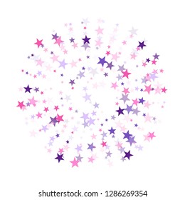 Flying stars confetti holiday vector in pink violet purple on white. Fairytale magic card backdrop. Cool flying stars scatter background. Falling sky sparkle elements.