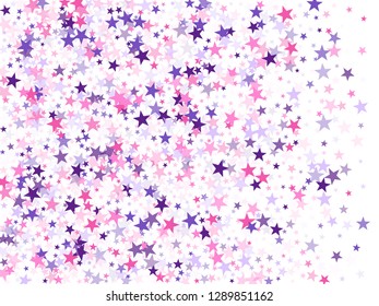 Flying stars confetti holiday vector in pink violet purple on white. Fireworks sparkles festival symbols. Cool flying stars scatter background. Twinkle starburst astral wallpaper.