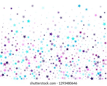 Flying stars confetti holiday vector in cyan blue violet on white. Salute celebration elements isolated. Cute cartoon stars holiday vector. Magic sparkles decorative print.