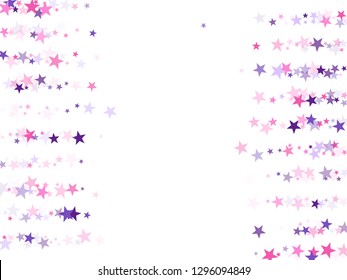 Flying stars confetti holiday vector in pink violet purple on white. Fireworks elements confetti. Cool flying stars scatter background. Surprise party decoration.