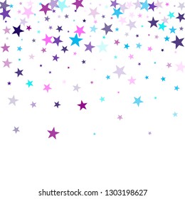 Flying stars confetti holiday vector in cyan blue violet on white. Surprise party decoration. Party stars pattern graphic design. Magical starry bright card decoration.