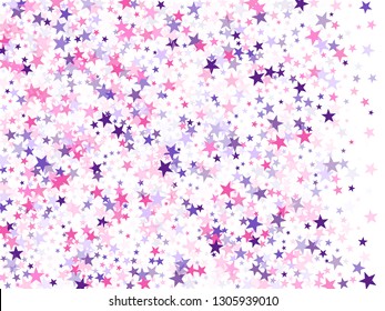 Flying stars confetti holiday vector in pink violet purple on white. New year festive sparkles design. Cute cartoon stars holiday vector. Fireworks elements confetti.