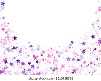 Flying stars confetti holiday vector in pink violet purple on white. Fireworks sparkles festival symbols. Cute cartoon stars holiday vector. Salute celebration elements isolated.