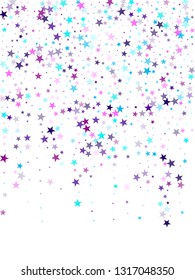 Flying stars confetti holiday vector in cyan blue violet on white. Magical starry bright card decoration. Party stars pattern graphic design. New year festive sparkles design.