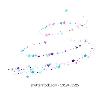 Flying stars confetti holiday vector in cyan blue violet on white. Twinkle starburst astral wallpaper. Cute cartoon stars holiday vector. Chaotic holiday decor backdrop.