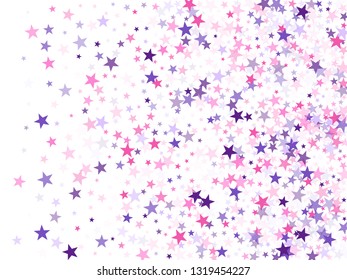 Flying stars confetti holiday vector in pink violet purple on white. Magical starry bright card decoration. Cool flying stars scatter background. Cosmic sparkles stylish design.