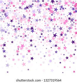 Flying stars confetti holiday vector in pink violet purple on white. Cosmic sparkles stylish design. Trendy stars explosion background. Salute celebration elements isolated.