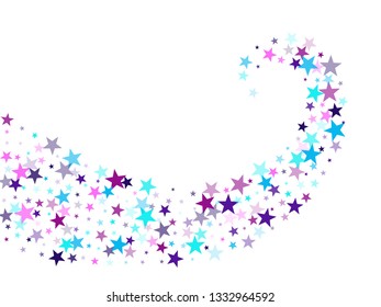 Flying stars confetti holiday vector in cyan blue violet on white. Twinkle starburst astral wallpaper. Party stars pattern graphic design. Magic sparkles decorative print.