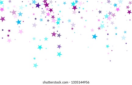 Flying stars confetti holiday vector in cyan blue violet on white. Geometric starlight banner. Party stars pattern graphic design. Twinkle starburst astral wallpaper.