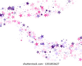 Flying stars confetti holiday vector in pink violet purple on white. Fireworks sparkles festival symbols. Cute cartoon stars holiday vector. Fireworks elements confetti.