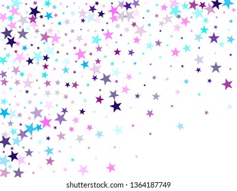 Flying stars confetti holiday vector in cyan blue violet on white. Fireworks elements confetti.  