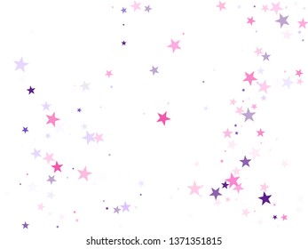 Flying stars confetti holiday vector in pink violet purple on white. Twinkle starburst astral wallpaper. Trendy stars explosion background. New year festive sparkles design.