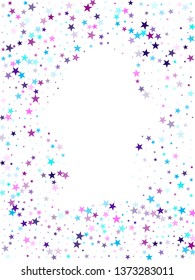 Flying stars confetti holiday vector in cyan blue violet on white. Magical starry bright card decoration. Trendy stars explosion background. New year festive sparkles design.