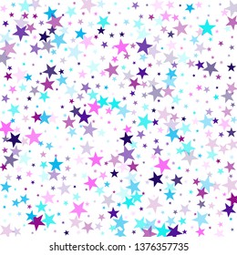 Flying stars confetti holiday vector in cyan blue violet on white. Sky space concept funny artwork. Cool flying stars scatter background. Fairytale magic card backdrop.