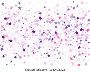 Flying stars confetti holiday vector in pink violet purple on white. Chaotic holiday decor backdrop. Cute cartoon stars holiday vector. Twinkle starburst astral wallpaper.