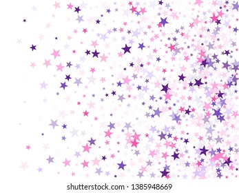 Flying stars confetti holiday vector in pink violet purple on white. Geometric starlight banner. Party stars pattern graphic design. Falling sky sparkle elements.