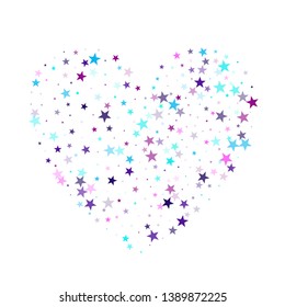 Flying stars confetti holiday vector in cyan blue violet on white. Falling sky sparkle elements. Cool flying stars scatter background.  
