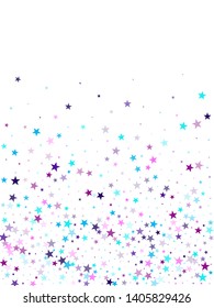 Flying stars confetti holiday vector in cyan blue violet on white. Falling sky sparkle elements. Party stars pattern graphic design. Geometric starlight banner.