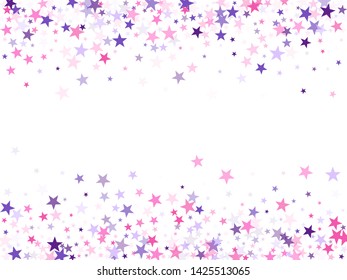 Flying stars confetti holiday vector in pink violet purple on white. Fireworks elements confetti. Party stars pattern graphic design. Magic sparkles decorative print.