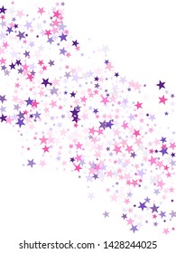 Flying stars confetti holiday vector in pink violet purple on white. Magical starry bright card decoration. Trendy stars explosion background. Cosmic sparkles stylish design.