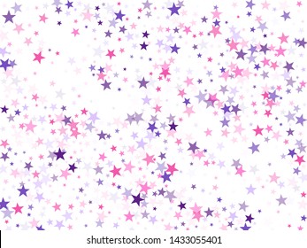 Flying stars confetti holiday vector in pink violet purple on white. Salute celebration elements isolated. Cool flying stars scatter background. New year festive sparkles design.