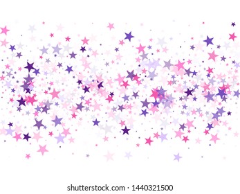 Flying stars confetti holiday vector in pink violet purple on white. New year festive sparkles design. Party stars pattern graphic design. Fireworks elements confetti.