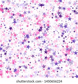 Flying stars confetti holiday vector in pink violet purple on white. Twinkle starburst astral wallpaper. Trendy stars explosion background. New year festive sparkles design.