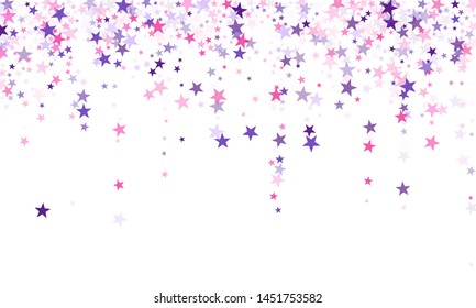 Flying stars confetti holiday vector in pink violet purple on white. Falling sky sparkle elements. Cute cartoon stars holiday vector. Cosmic sparkles stylish design.